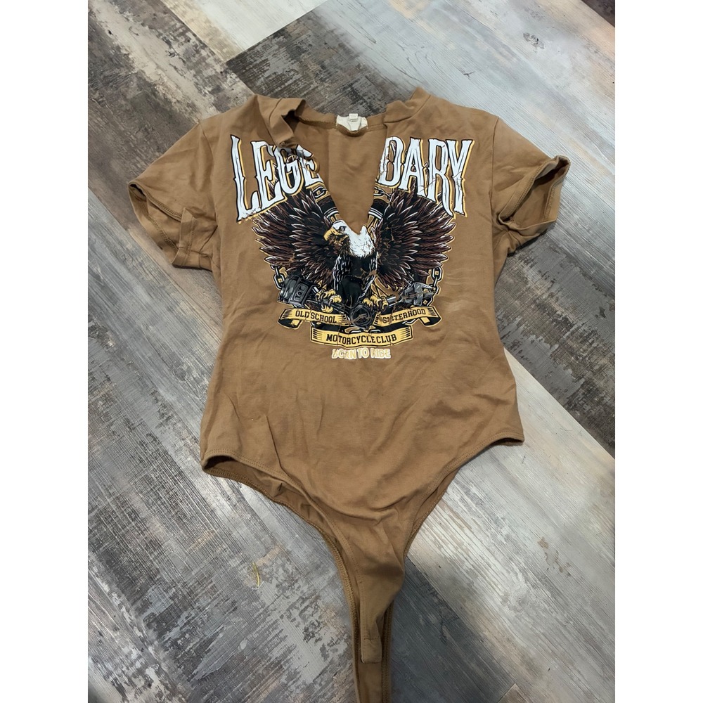 Say Anything Eagle Graphic Cutout Neck Bodysuit Tan Size M Motorcycle Club